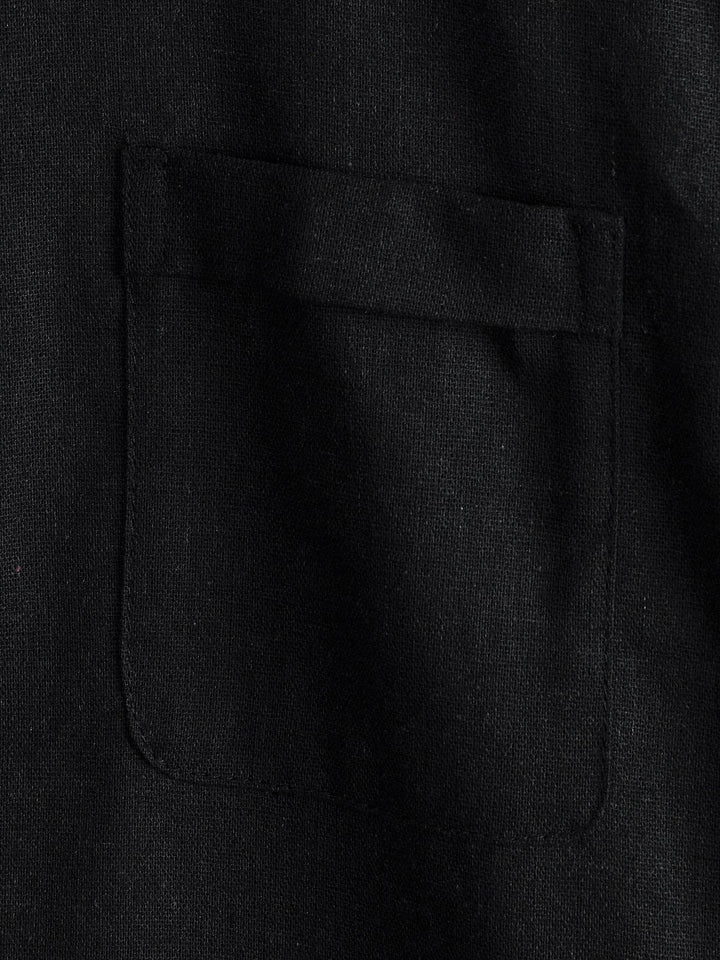Solid Stand Collar Half-Button Linen Cotton Shirt for Men - color_variant