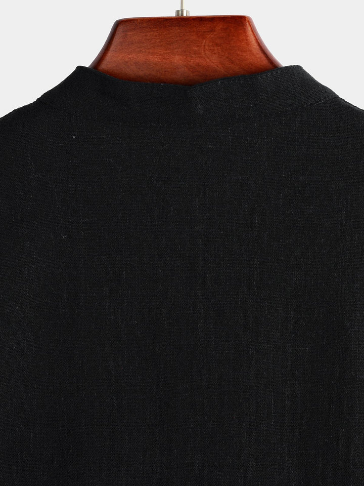 Solid Stand Collar Half-Button Linen Cotton Shirt for Men - color_variant