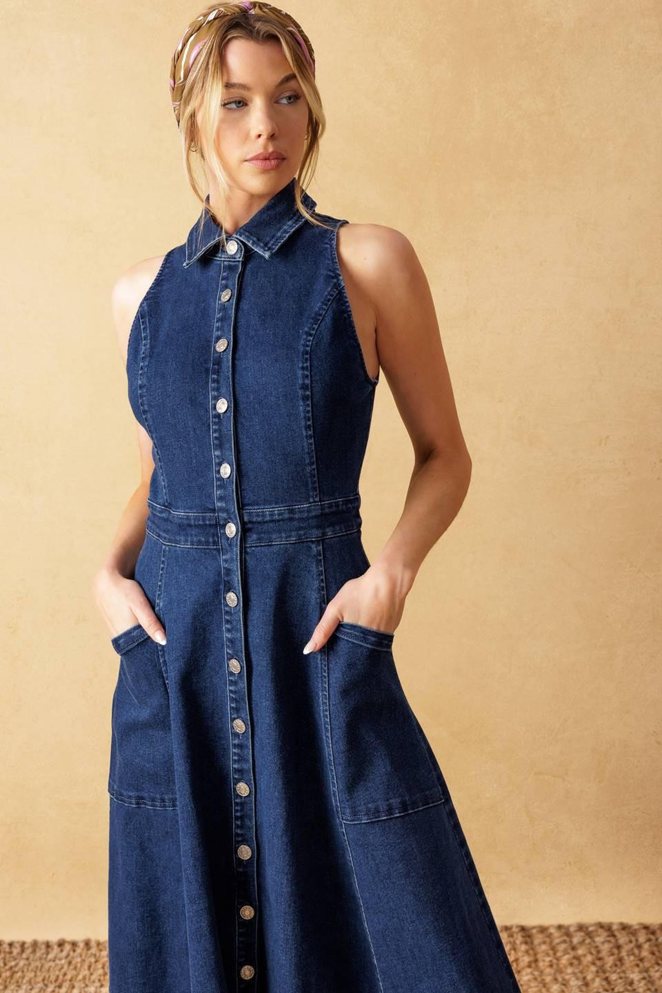 COOL GIRL DENIM MIDI DRESS — MEDIUM INDIGO