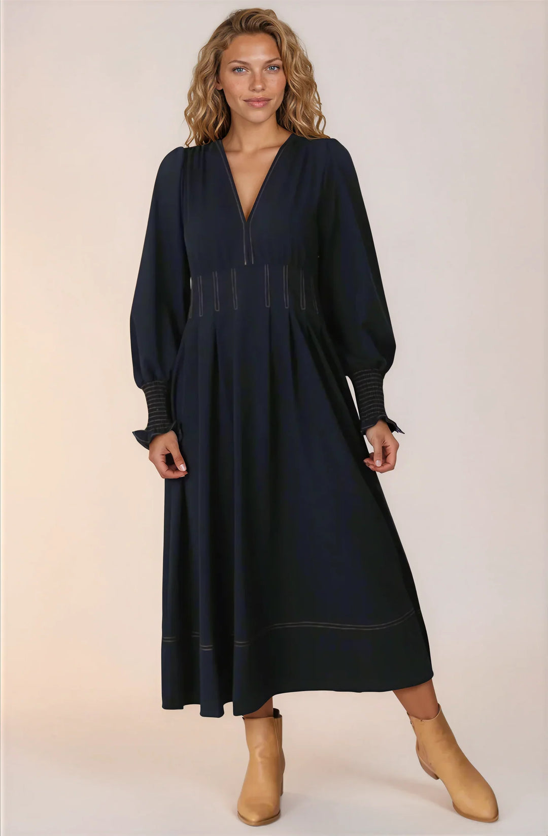 Karey Midi Dress - Dark Denim Fit and Flare Contrast Stitching Midi Dress — gallery