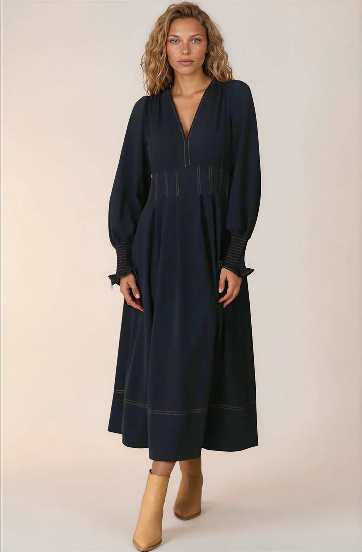 Karey Midi Dress - Dark Denim Fit and Flare Contrast Stitching Midi Dress — gallery