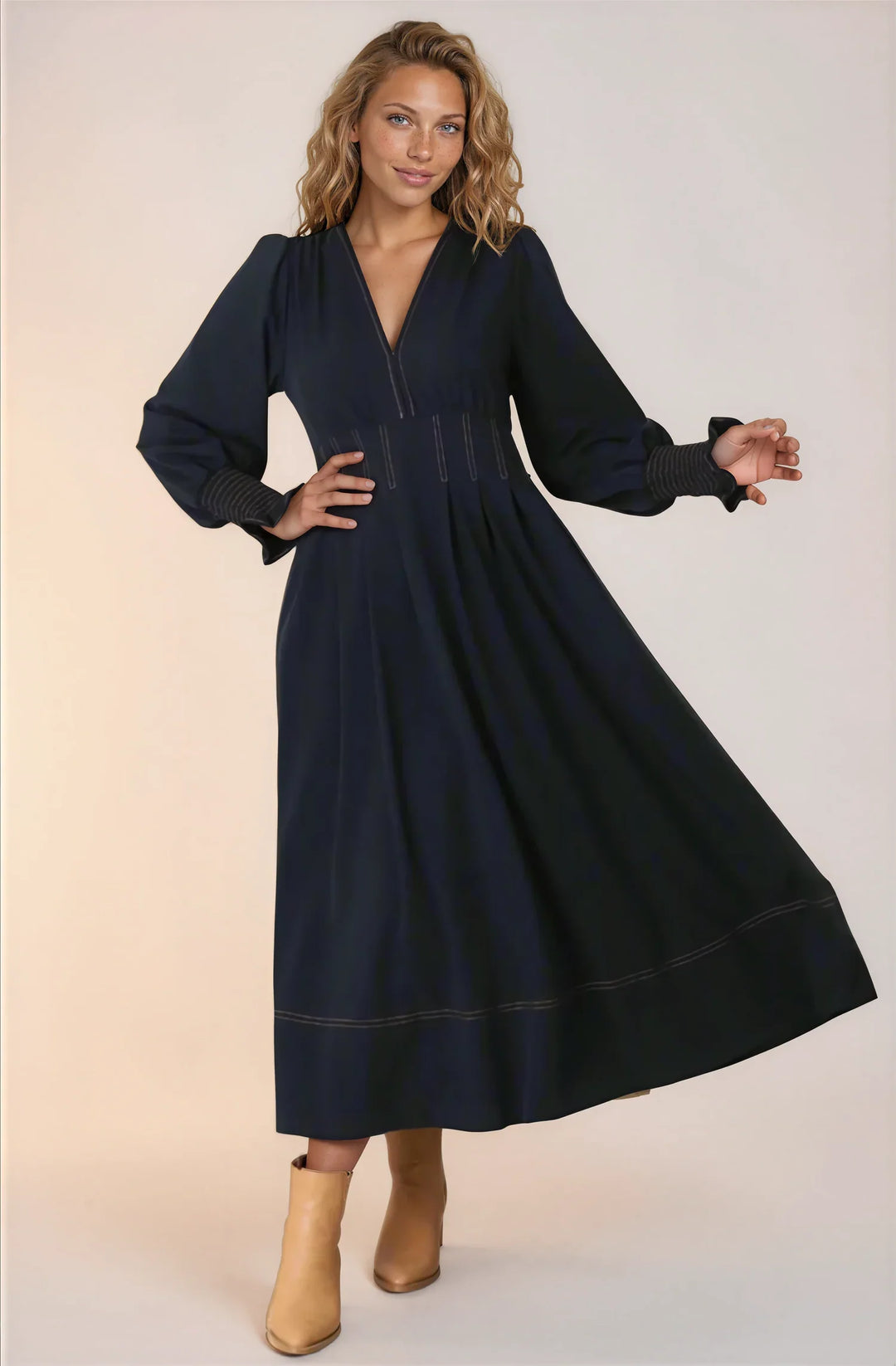 Karey Midi Dress - Dark Denim Fit and Flare Contrast Stitching Midi Dress — gallery