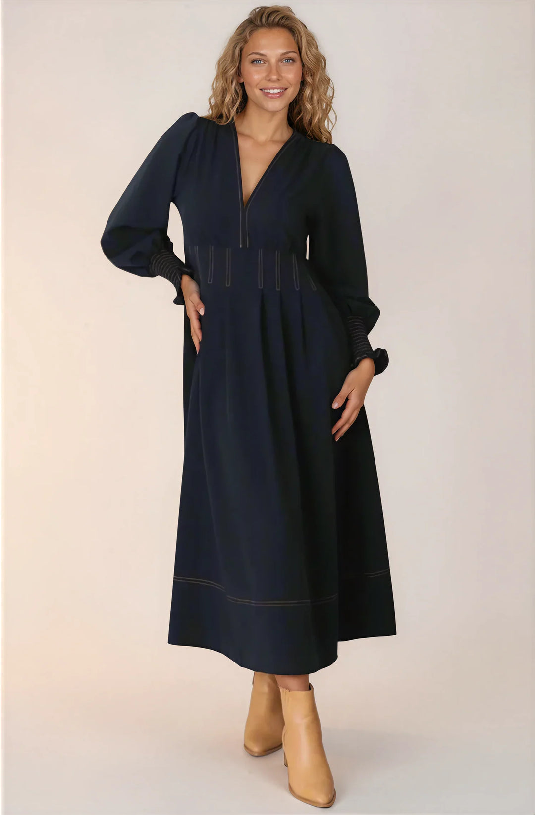 Karey Midi Dress - Dark Denim Fit and Flare Contrast Stitching Midi Dress — gallery