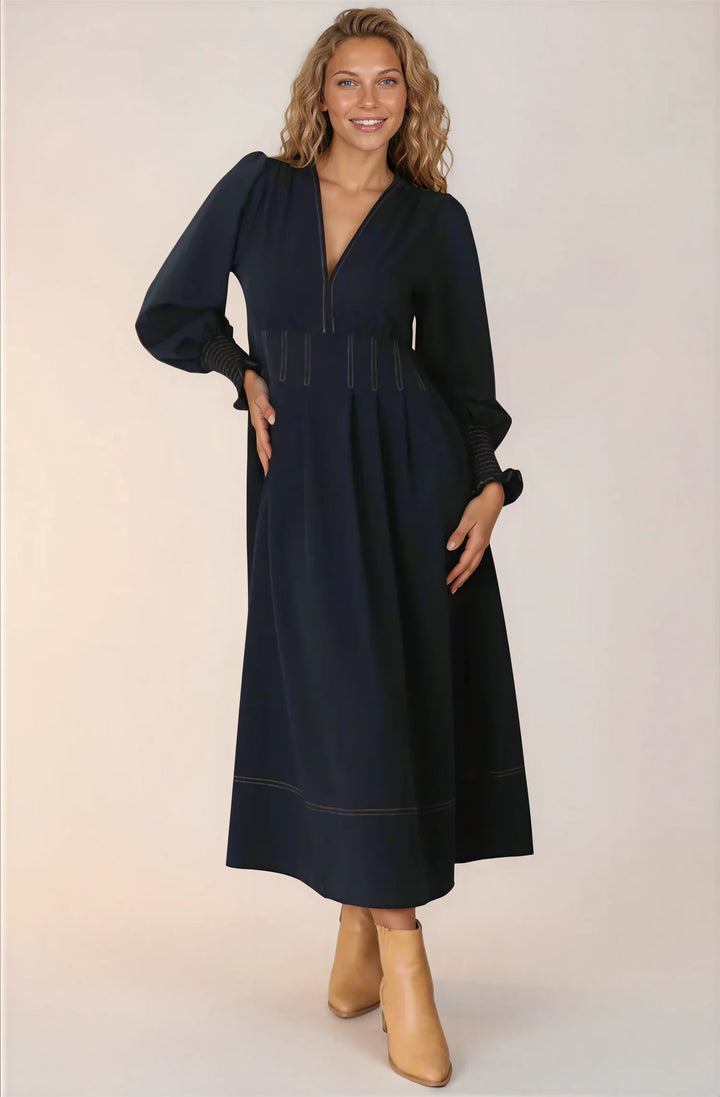Karey Midi Dress - Dark Denim Fit and Flare Contrast Stitching Midi Dress — gallery