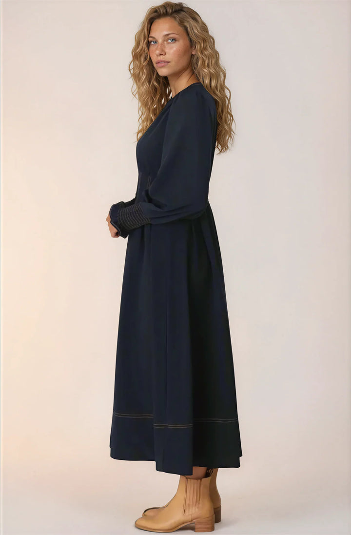 Karey Midi Dress - Dark Denim Fit and Flare Contrast Stitching Midi Dress — gallery