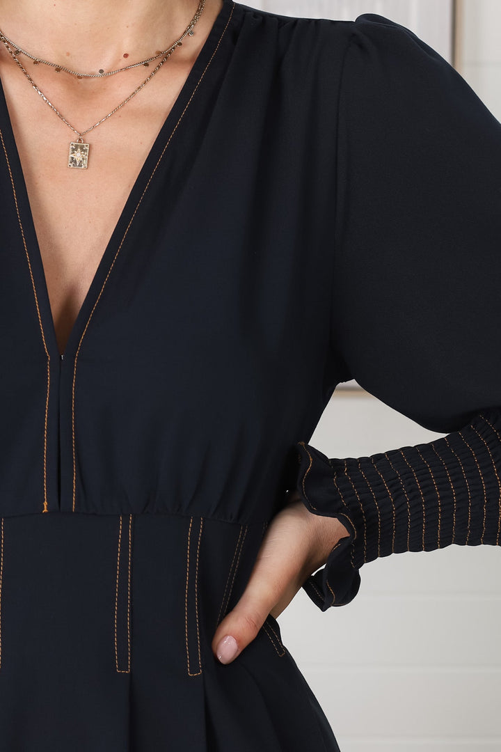 Karey Midi Dress - Dark Denim Fit and Flare Contrast Stitching Midi Dress — gallery