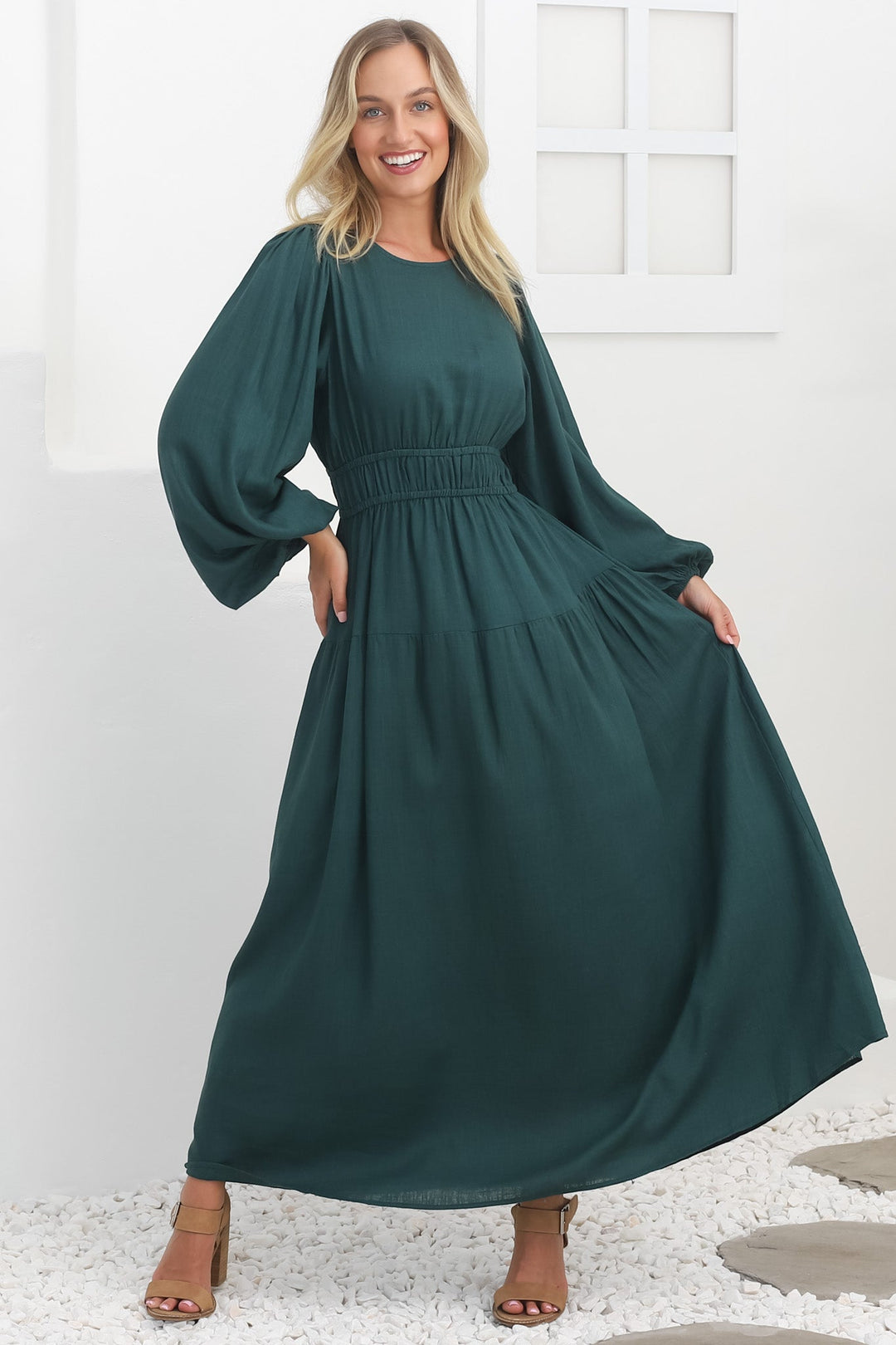 Sheyne Maxi Dress - Long Balloon Sleeve Elasicated Waist A Line Dress in... — gallery