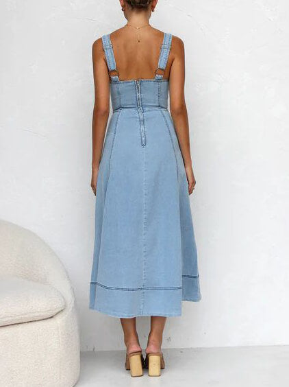 Denim Strap Button-Up Midi Dress - Relaxed Casual Fit