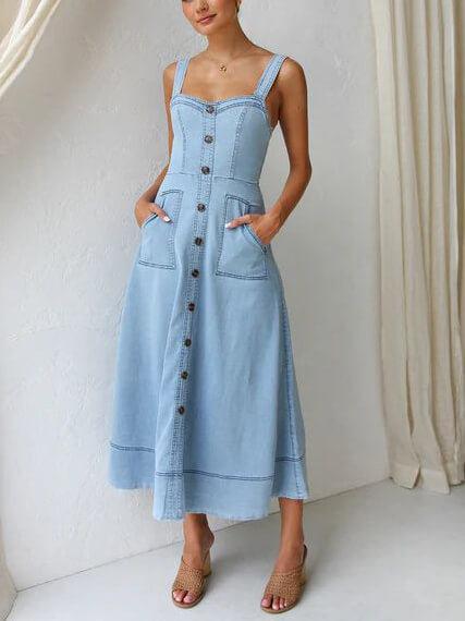 Denim Strap Button-Up Midi Dress - Relaxed Casual Fit