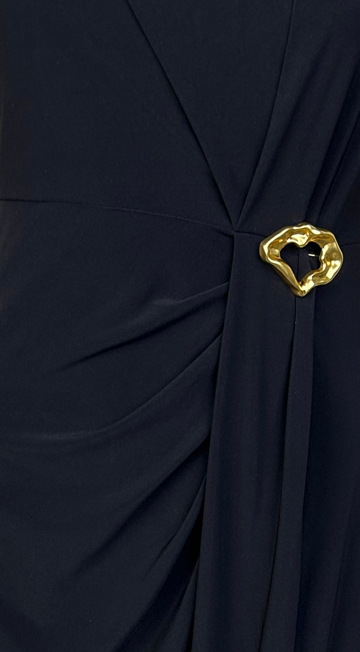 Aureva Pleated Gold Accent Midi Dress - Black — gallery