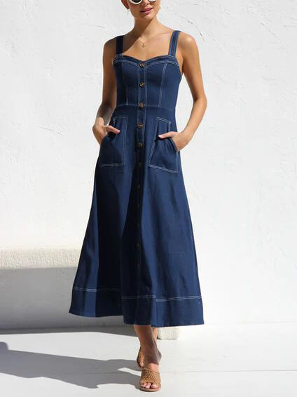 Denim Strap Button-Up Midi Dress - Relaxed Casual Fit