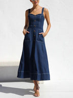 Casual Strap Denim Midi Dress with Button-Up Front