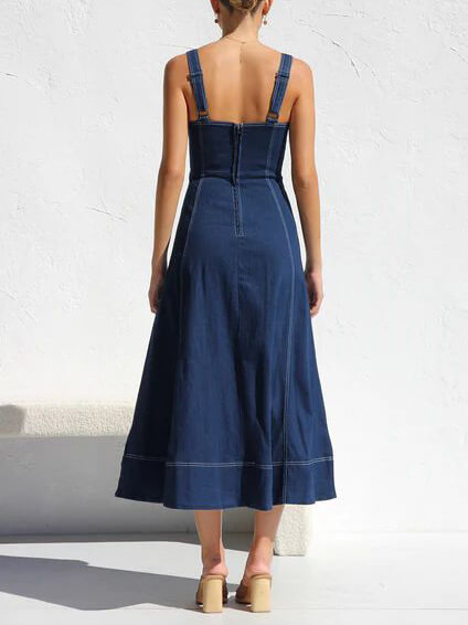 Denim Strap Button-Up Midi Dress - Relaxed Casual Fit