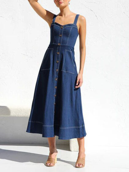 Denim Strap Button-Up Midi Dress - Relaxed Casual Fit