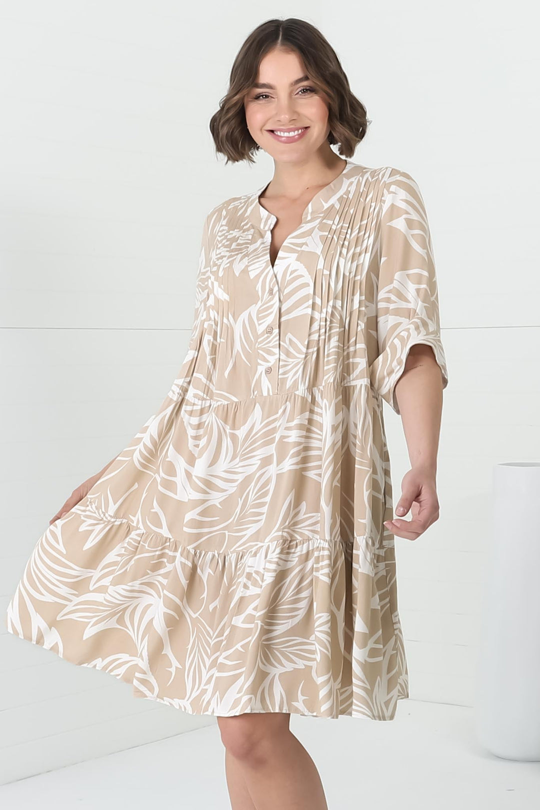 Evie Mini Dress - Three-Quarter Sleeve Tiered Smock Dress in Jeani Print Beige — gallery