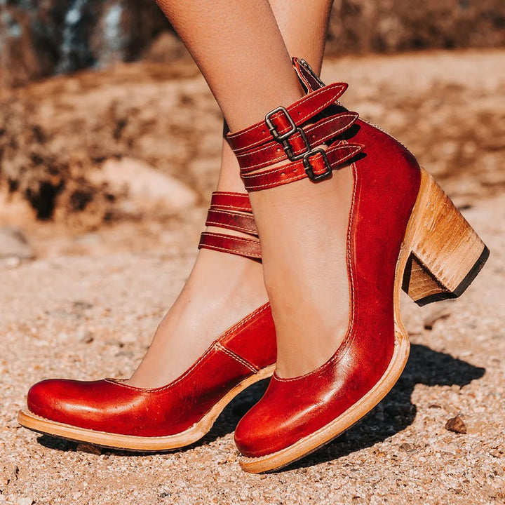 Block-Heel Court Shoes for Women - Classic Leather Look