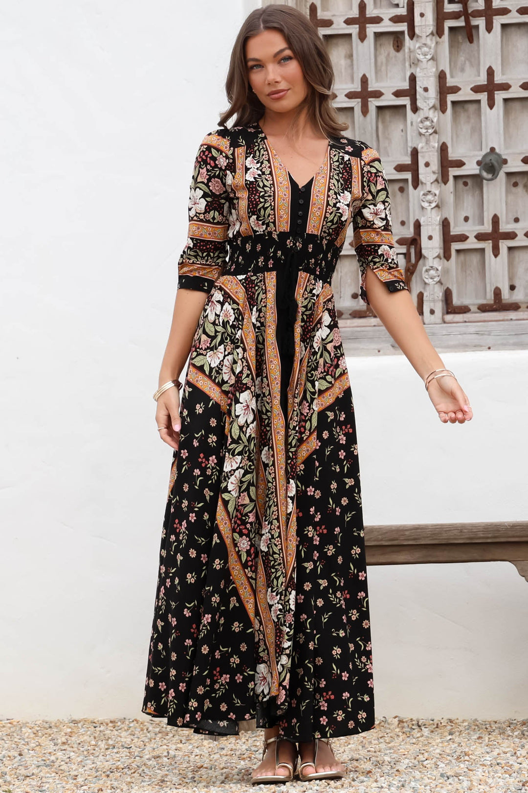 JAASE - Indiana Maxi Dress: Lace Back Shirred Waist A Line Dress with Ha... — gallery