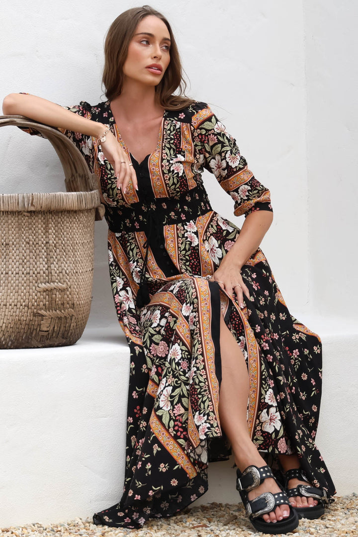 JAASE - Indiana Maxi Dress: Lace Back Shirred Waist A Line Dress with Ha... — gallery