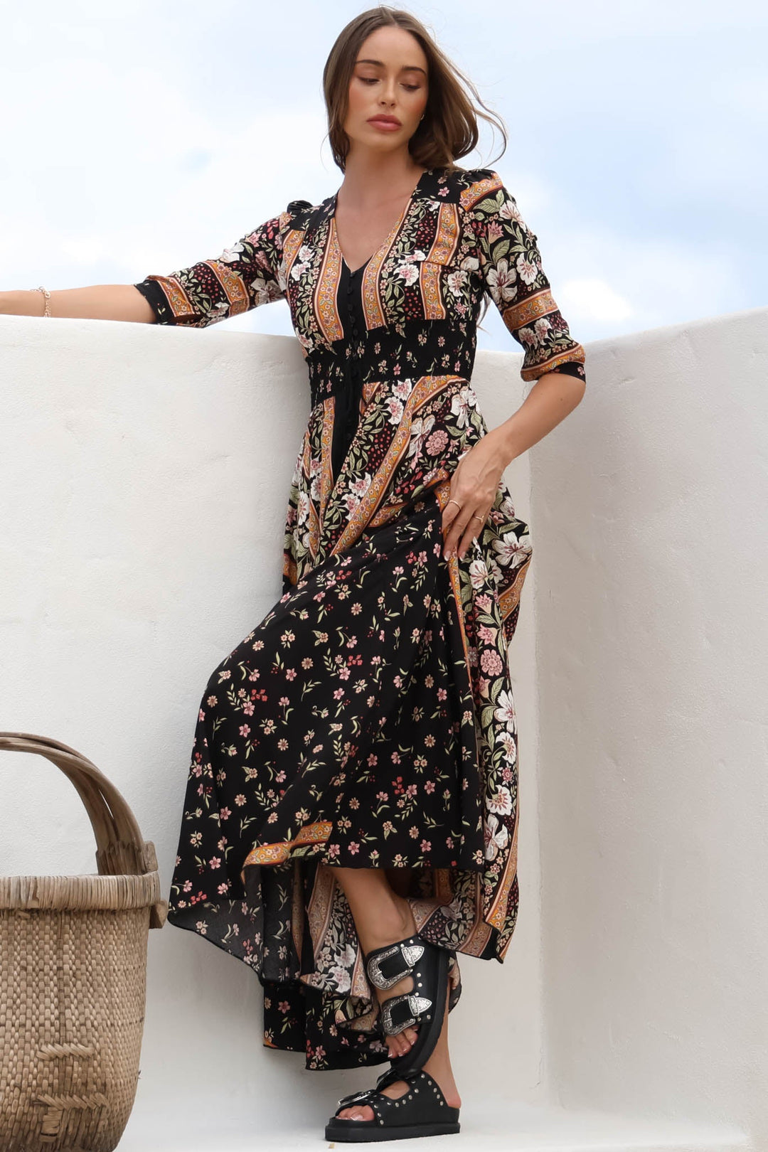 JAASE - Indiana Maxi Dress: Lace Back Shirred Waist A Line Dress with Ha... — gallery