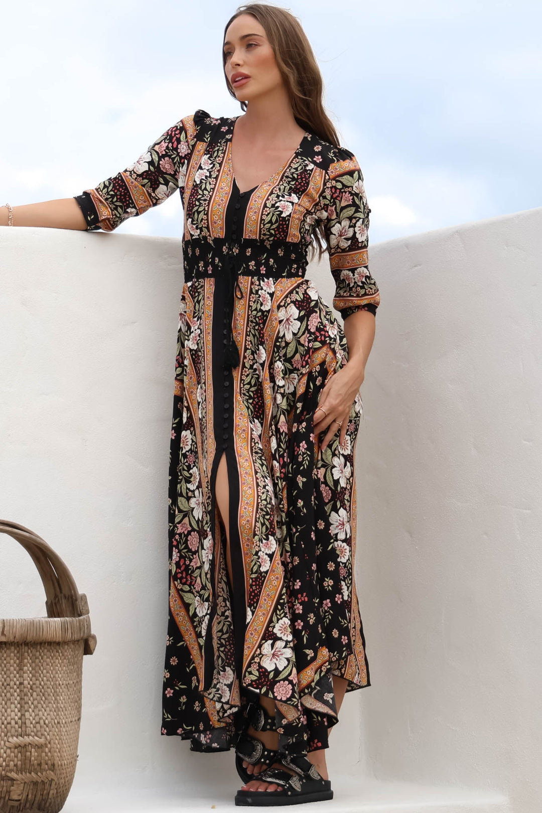 JAASE - Indiana Maxi Dress: Lace Back Shirred Waist A Line Dress with Ha... — gallery