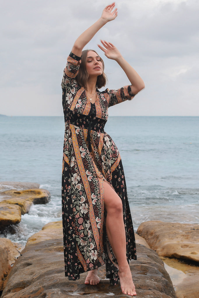 JAASE - Indiana Maxi Dress: Lace Back Shirred Waist A Line Dress with Ha... — gallery