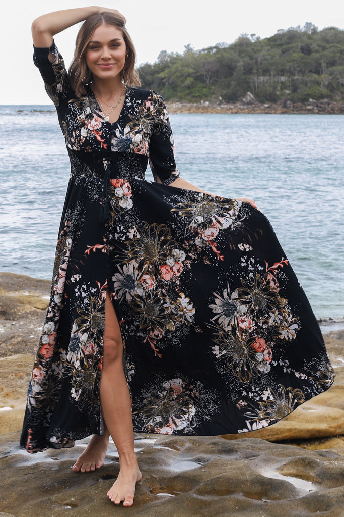 JAASE - Indiana Maxi Dress: Lace Back Shirred Waist A Line Dress with Ha... — gallery