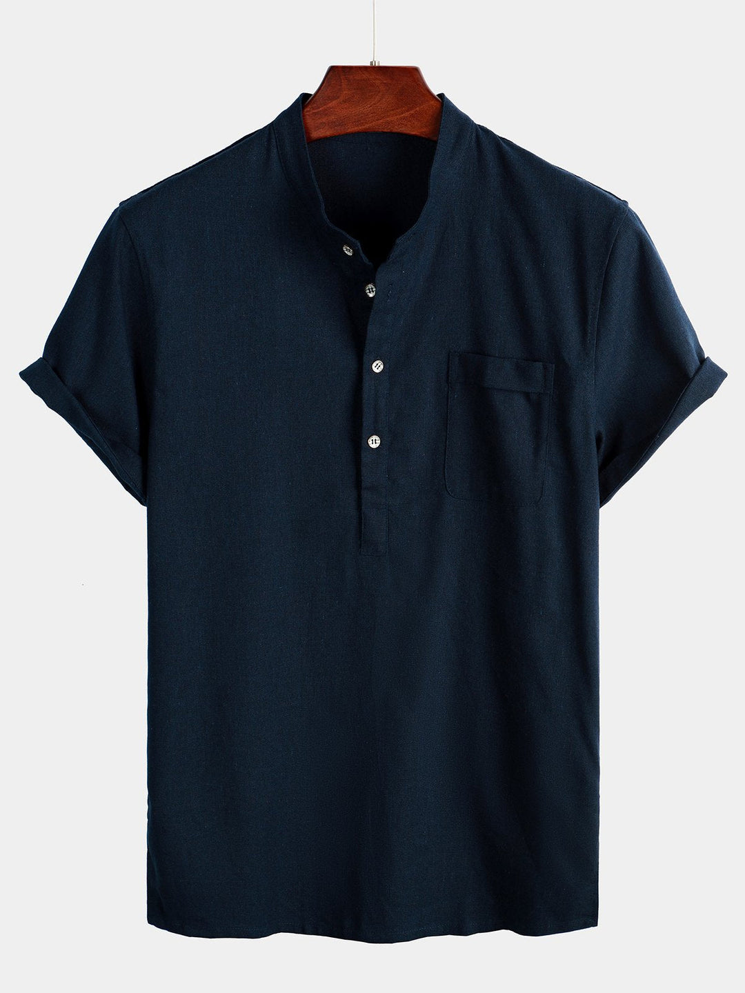 Solid Stand Collar Half-Button Linen Cotton Shirt for Men - Navy Blue
