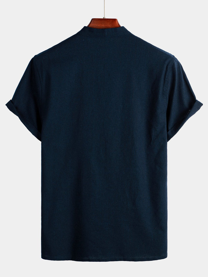Solid Stand Collar Half-Button Linen Cotton Shirt for Men - color_variant