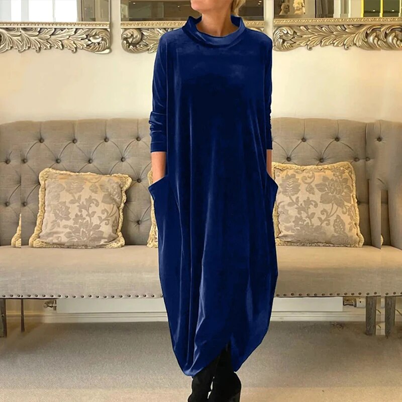 Velvet Midi Dress with Side Seam Pockets for Women