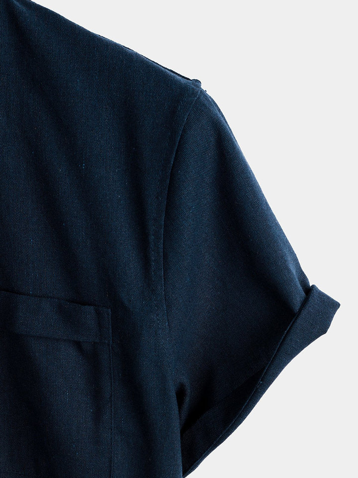 Solid Stand Collar Half-Button Linen Cotton Shirt for Men - color_variant
