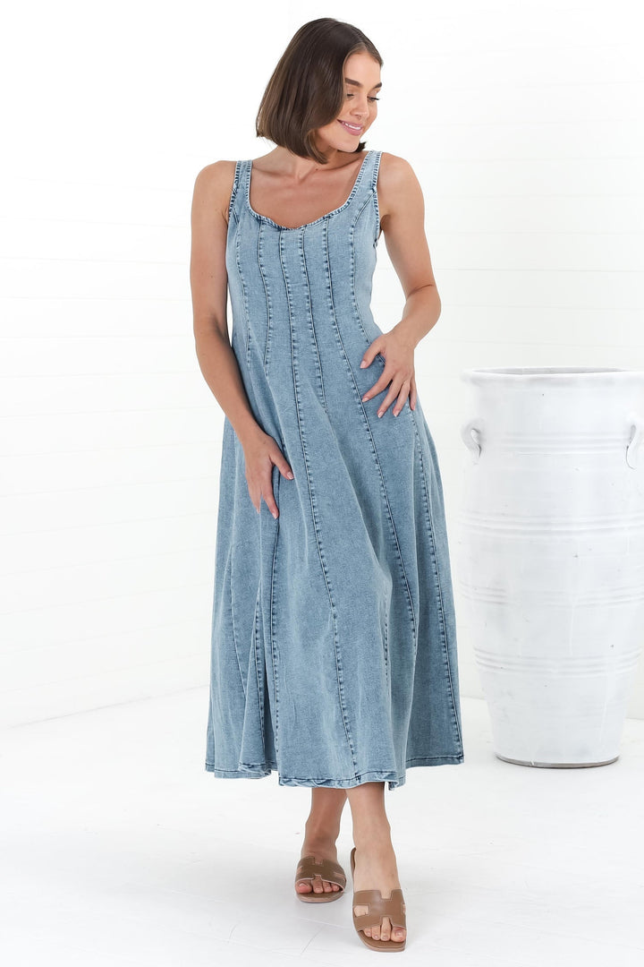 Jadely Midi Dress - Adjustable Strap A-Line Denim Sun Dress in Light Denim — gallery