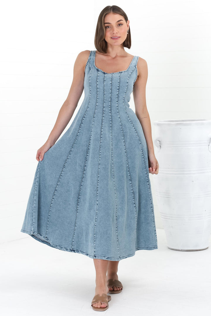Jadely Midi Dress - Adjustable Strap A-Line Denim Sun Dress in Light Denim — gallery