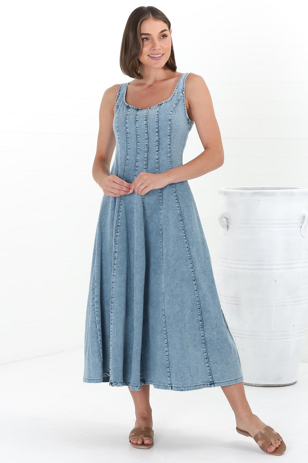 Jadely Midi Dress - Adjustable Strap A-Line Denim Sun Dress in Light Denim — gallery