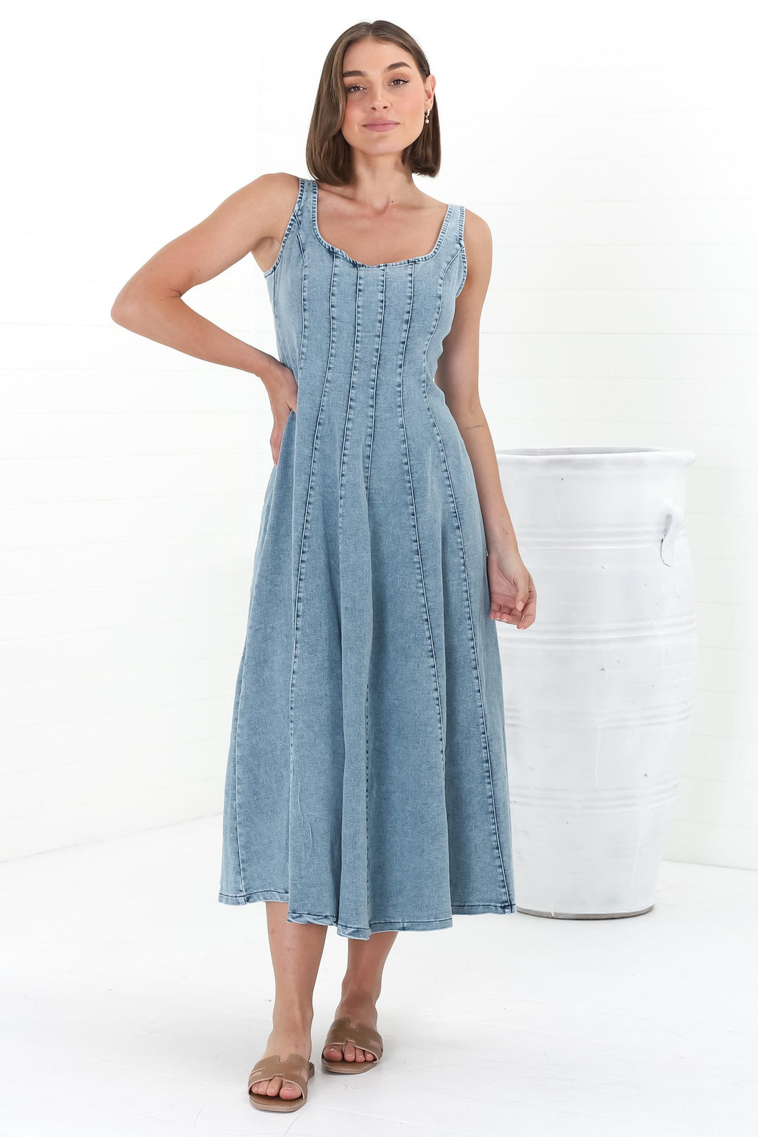 Jadely Midi Dress - Adjustable Strap A-Line Denim Sun Dress in Light Denim — gallery