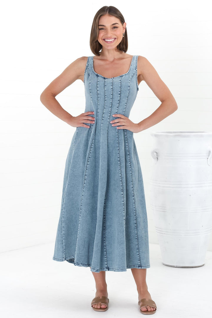 Jadely Midi Dress - Adjustable Strap A-Line Denim Sun Dress in Light Denim — gallery