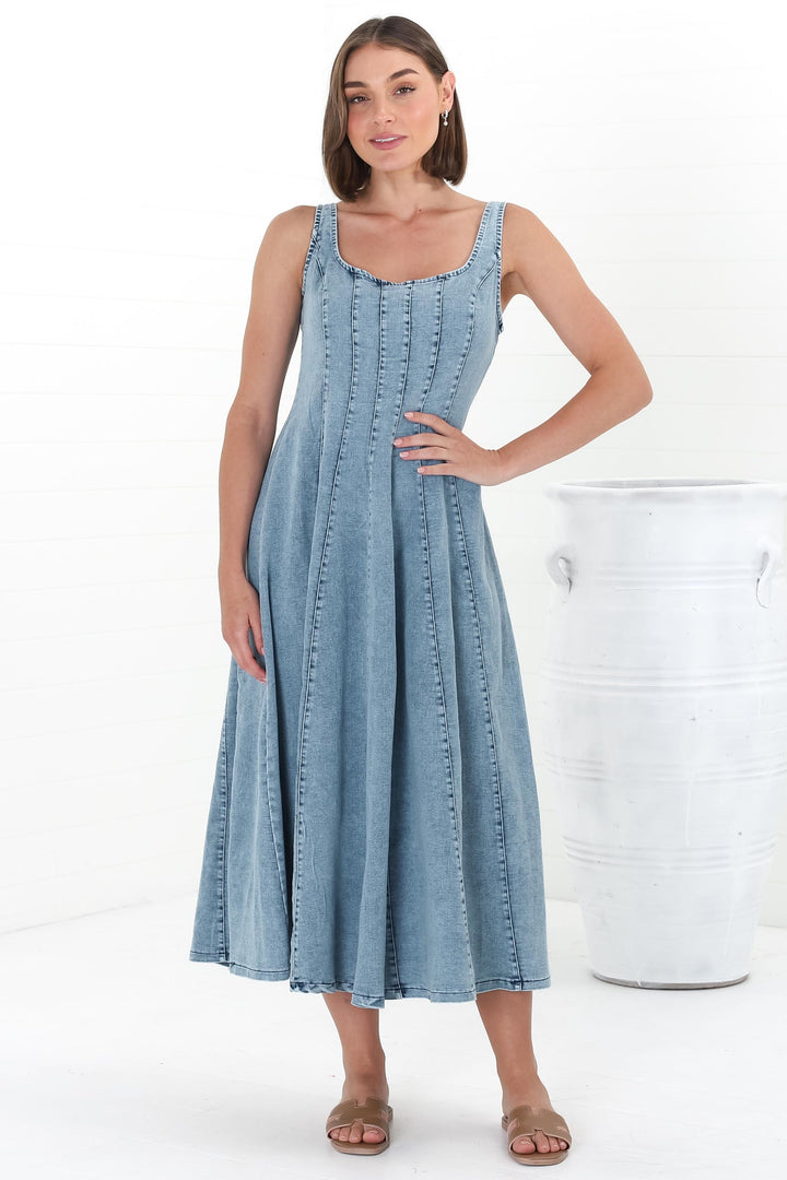 Jadely Midi Dress - Adjustable Strap A-Line Denim Sun Dress in Light Denim — gallery