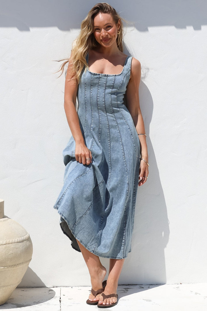 Jadely Midi Dress - Adjustable Strap A-Line Denim Sun Dress in Light Denim — gallery