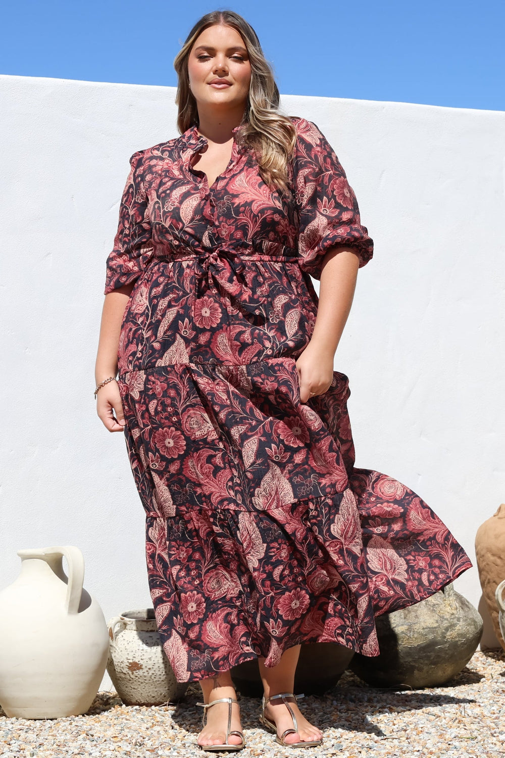 Jenni Maxi Dress - Frill Collar Three-Quarter Sleeve Dress with Waist Tie in Narah... — gallery