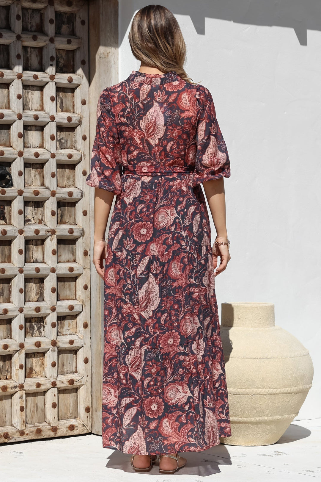 Jenni Maxi Dress - Frill Collar Three-Quarter Sleeve Dress with Waist Tie in Narah... — gallery