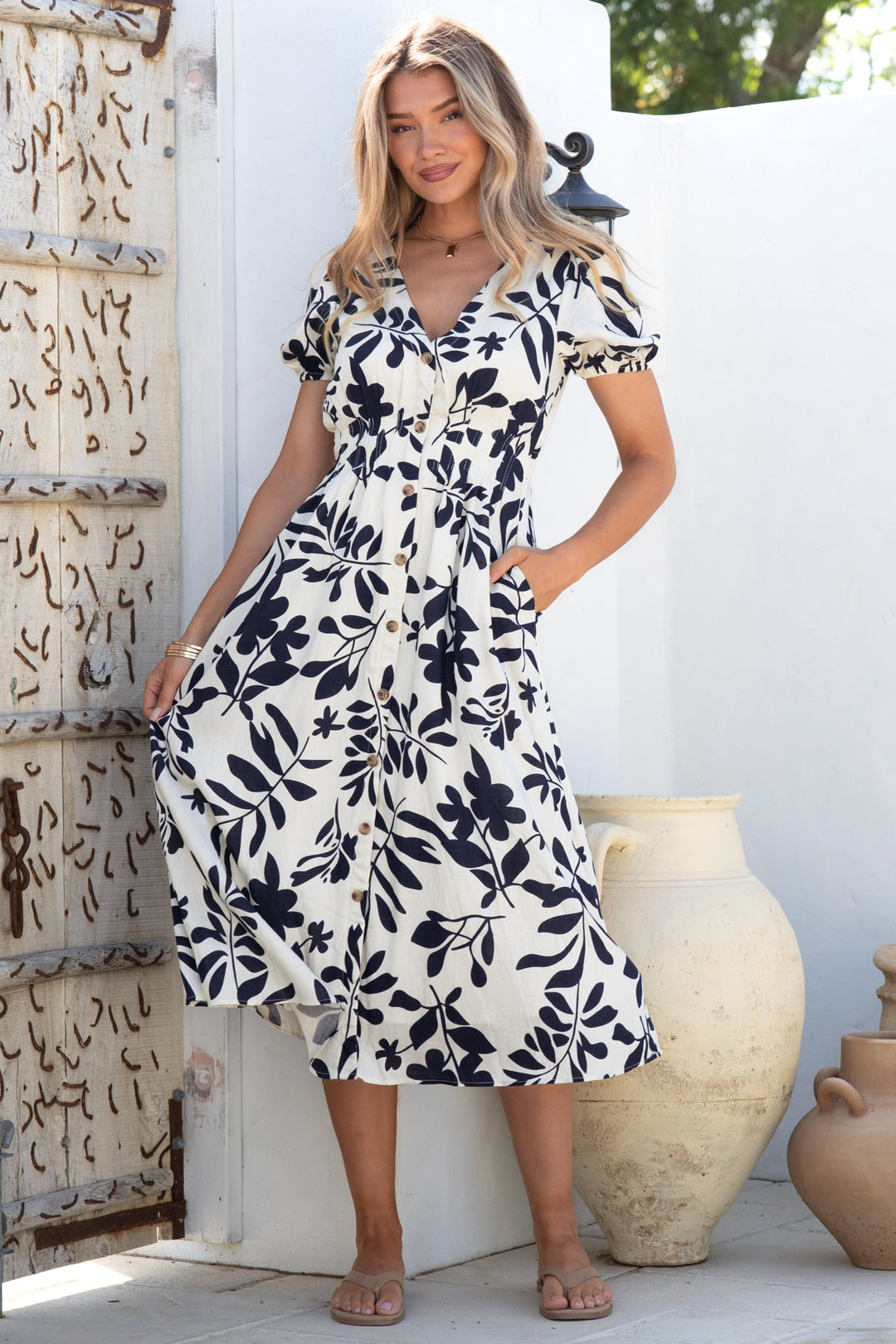 Jillie Midi Dress - V Neck Button Down Dress with Pockets in Avaria Print — gallery