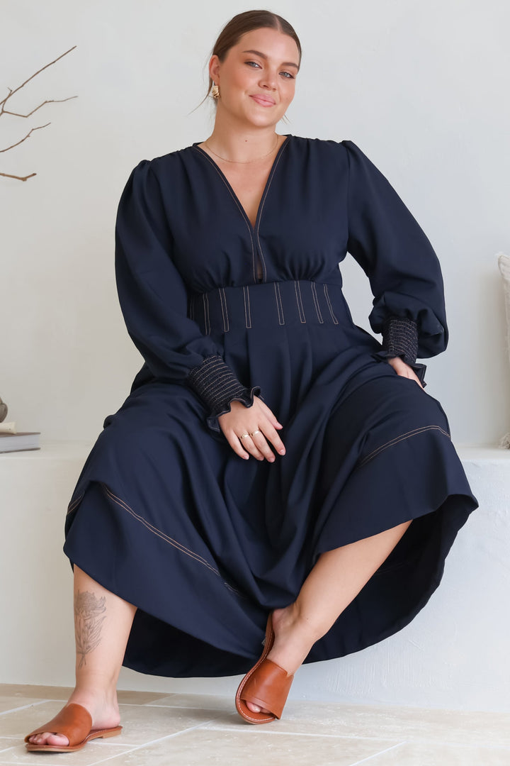 Karey Midi Dress - Dark Denim Fit and Flare Contrast Stitching Midi Dress — gallery