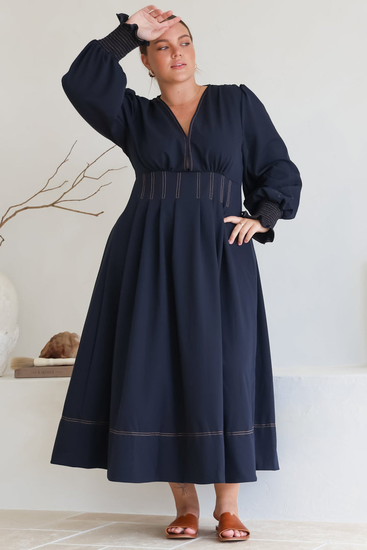 Karey Midi Dress - Dark Denim Fit and Flare Contrast Stitching Midi Dress — gallery