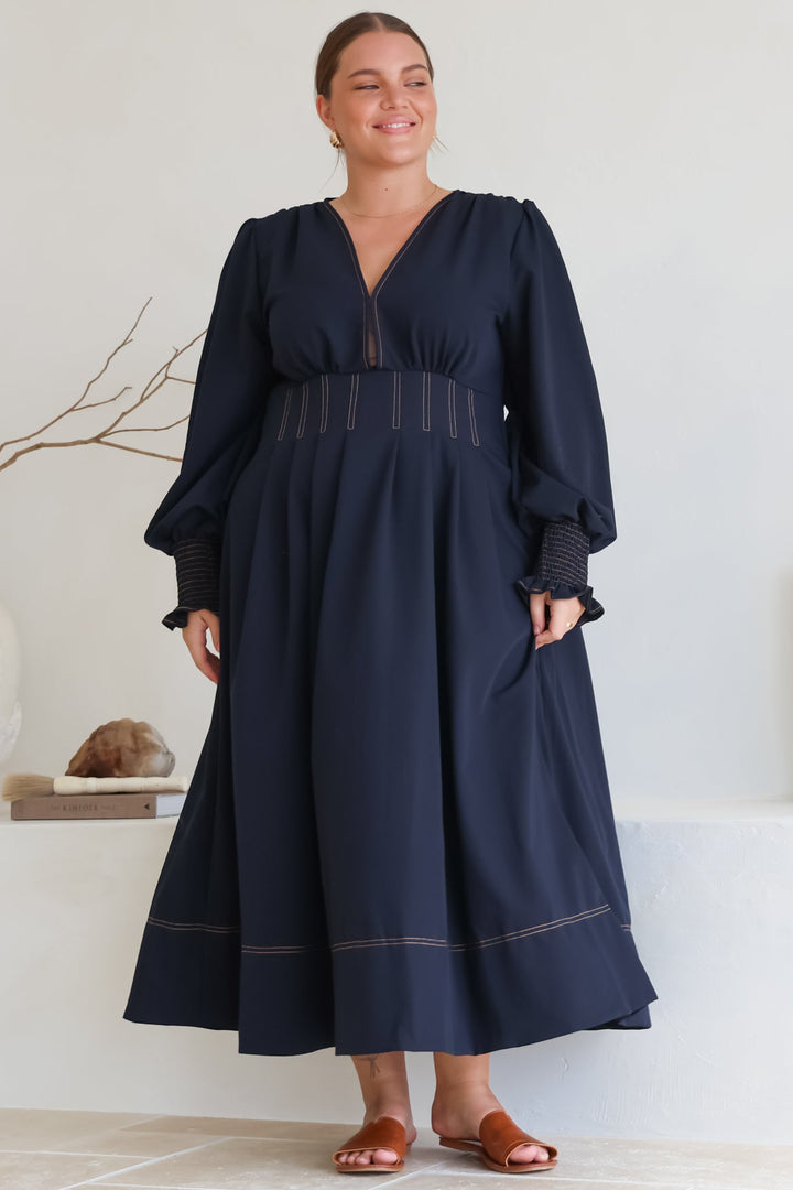 Karey Midi Dress - Dark Denim Fit and Flare Contrast Stitching Midi Dress — gallery