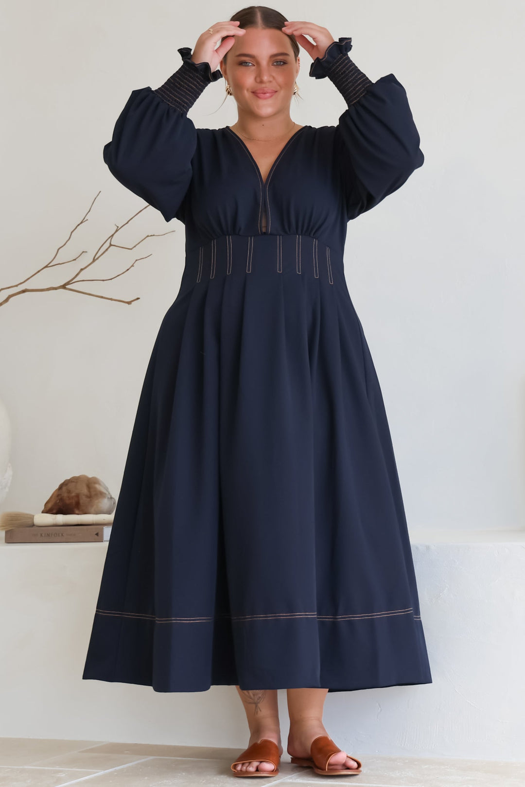 Karey Midi Dress - Dark Denim Fit and Flare Contrast Stitching Midi Dress — gallery