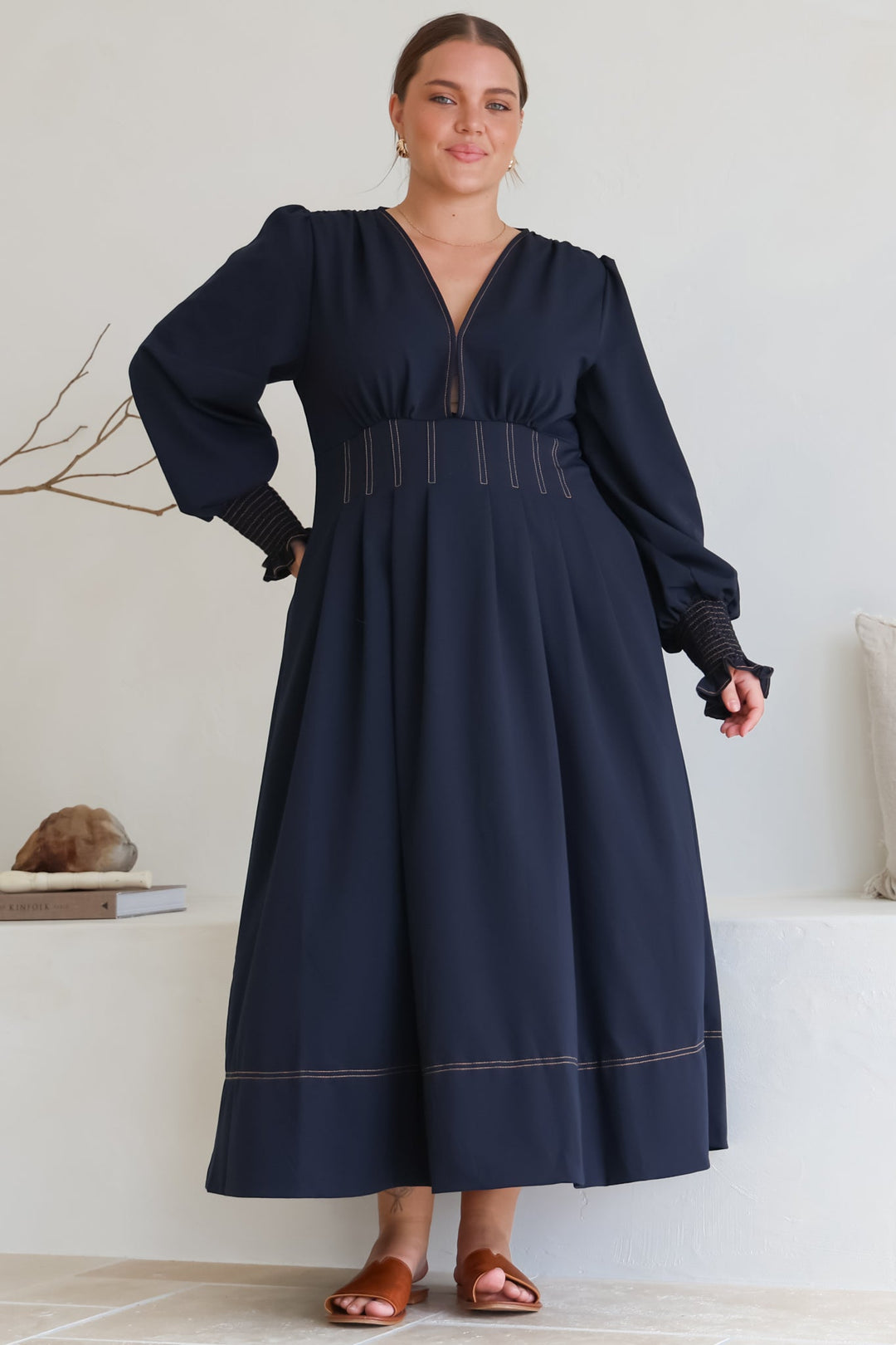 Karey Midi Dress - Dark Denim Fit and Flare Contrast Stitching Midi Dress — gallery