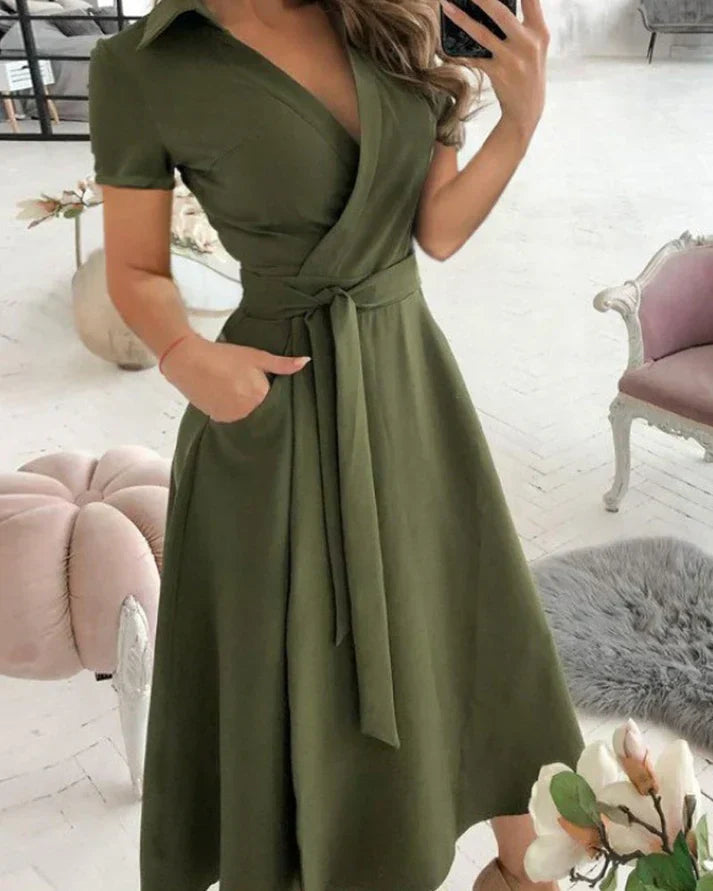 V-Neck Midi Dress with a Fluid, Flattering Line for Women