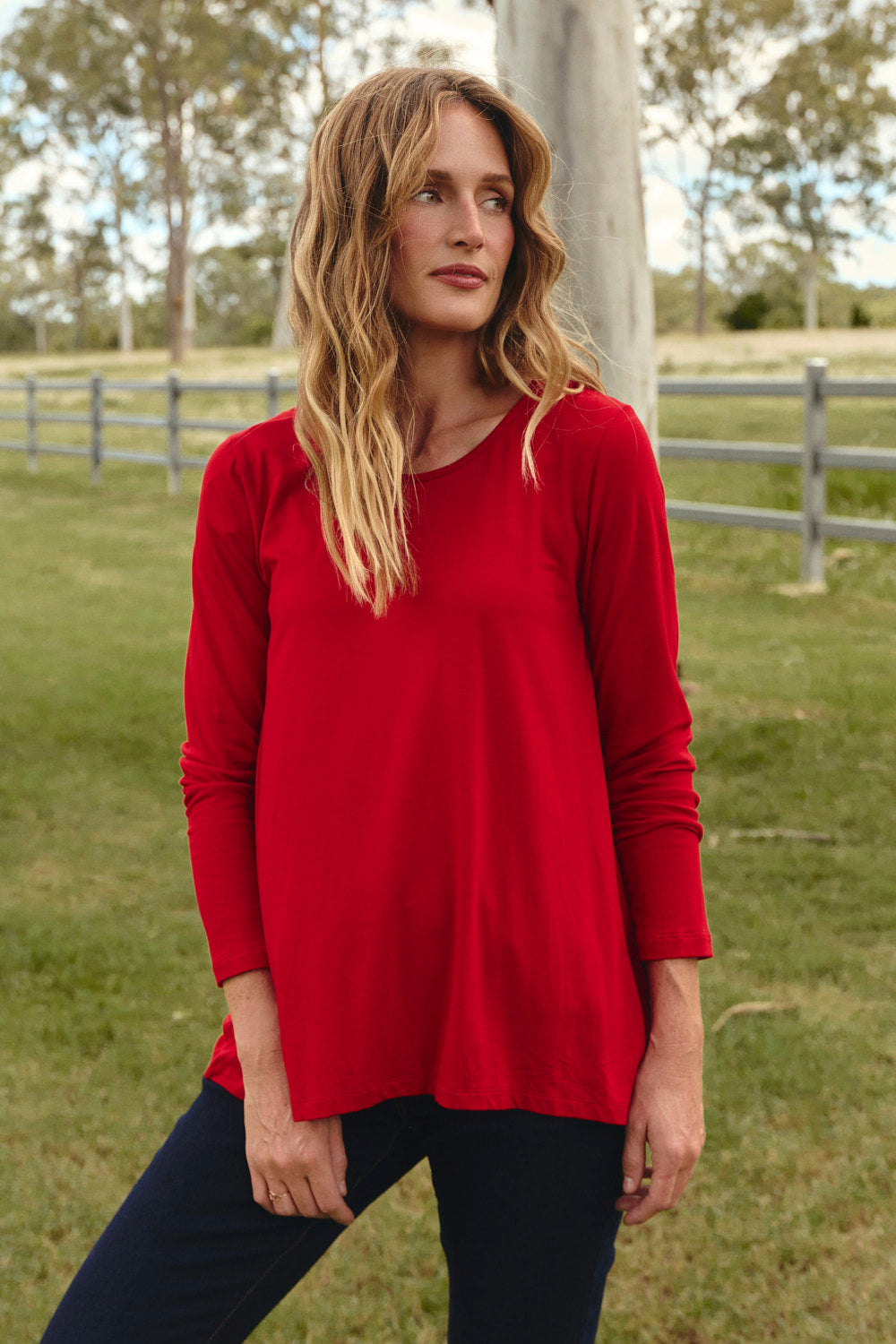 Long Sleeve Swing Tee in Crimson T-Shirt for Women