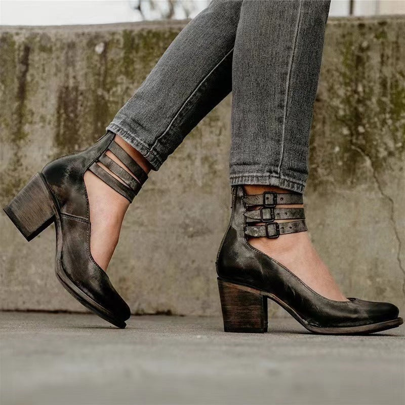 Block-Heel Court Shoes for Women - Classic Leather Look