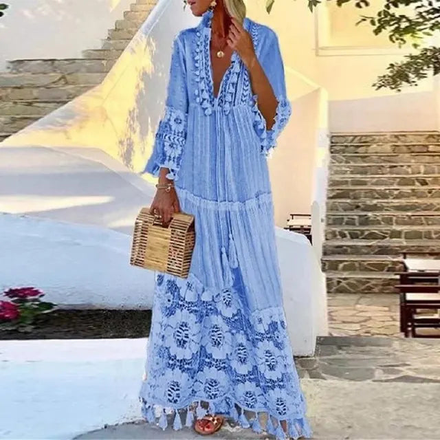 Lace and Fringe Boho Maxi Dress for Women