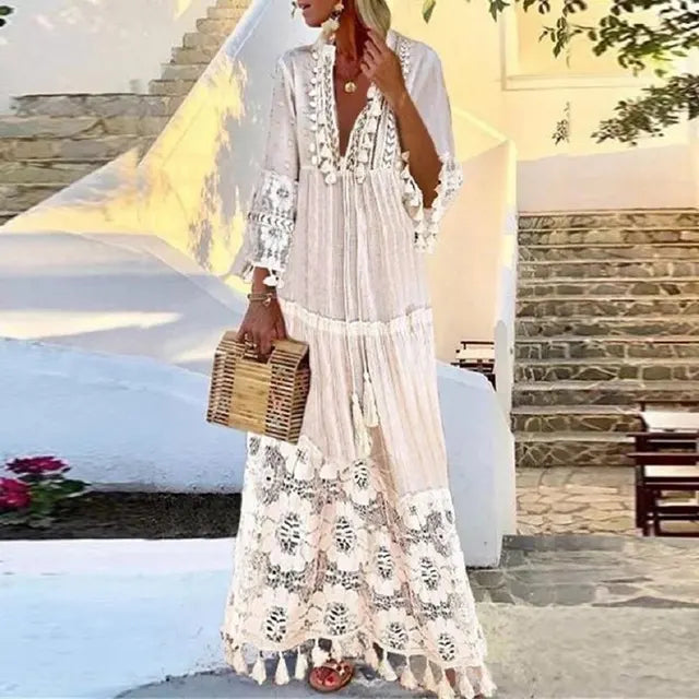 Lace and Fringe Boho Maxi Dress for Women